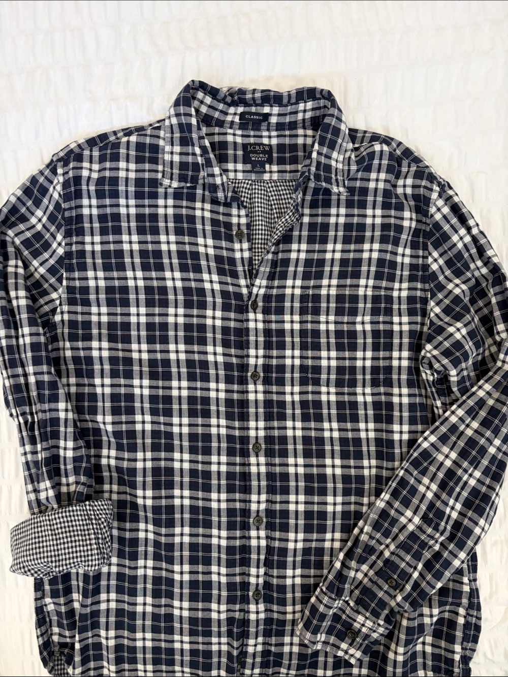 J. Crew Double Weave Classic 100% Cotton Button Down Shirt. Navy/White Plaid.EUC